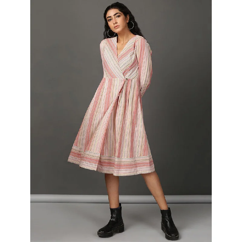 Nuhh Coral Multi Stripe Double Breast Knee Length Dress