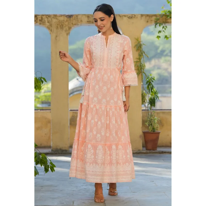 Juniper Womens Peach Cambric Floral Printed Maxi Tiered Dress