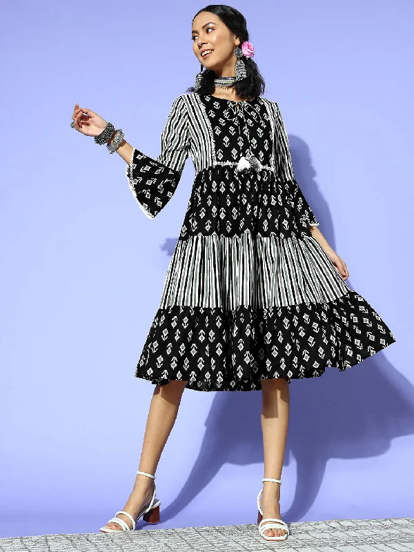 Black Ethnic Motifs Indie Gal Dress