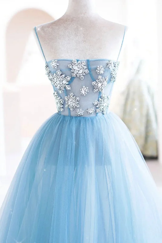 Blue Spaghetti Strap Tulle Beading Long A-Line Prom Dresses
