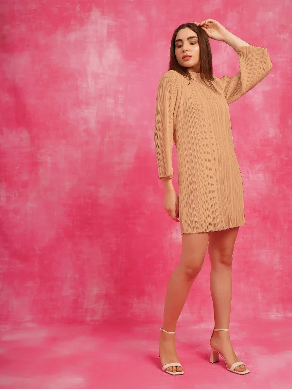 Pure Elegance Pleated Beige Dress