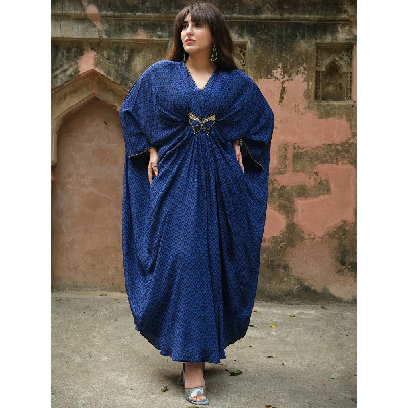 First Resort by Ramola Bachchan Slate Blue Honeycomb Kaftan Dress with Butterfly Motif