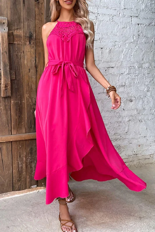 Blue Zone Planet |  Belted Crochet Yoke Frill Trim Dress