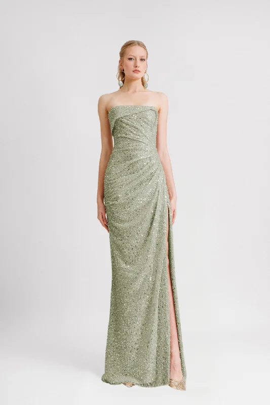 Fold-Over Neckline Strapless green Dress