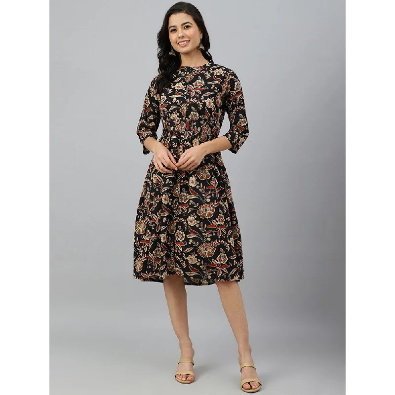 Janasya Black Cotton Floral Print Flared Dress