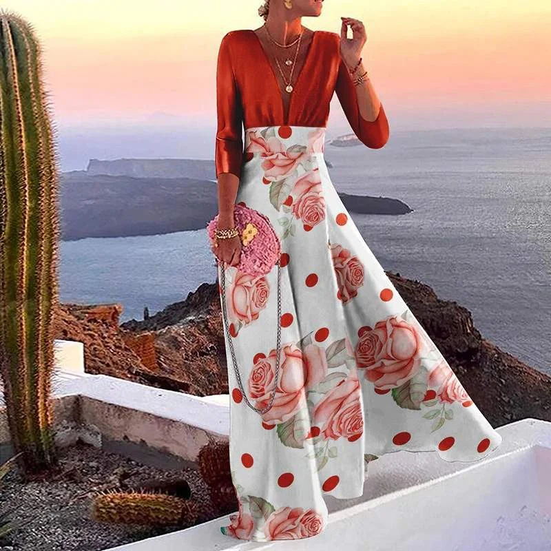 TEMPERAMENT PRINTING LONG SLEEVE DEEP V NECK COLOR MATCHING PARTY LONG DRESS WOMEN