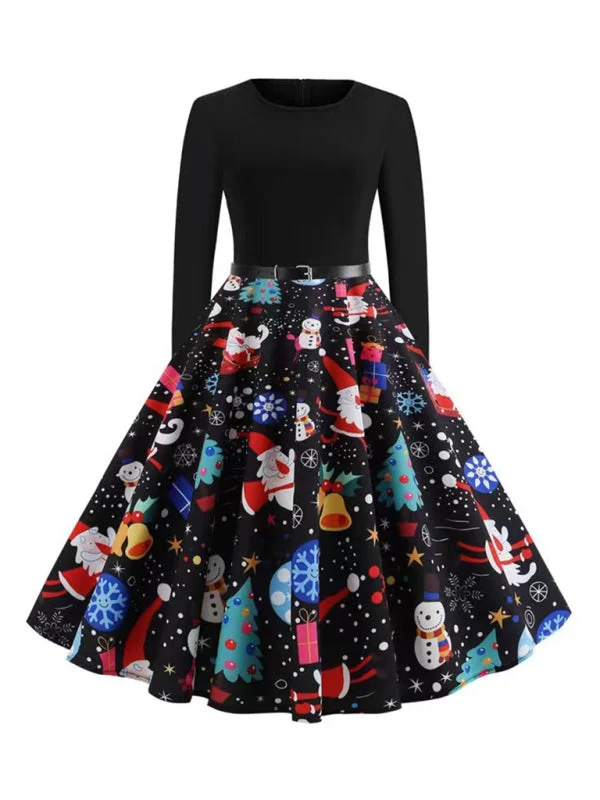 Blue Zone Planet |  Christmas long-sleeved slim round neck printed dress