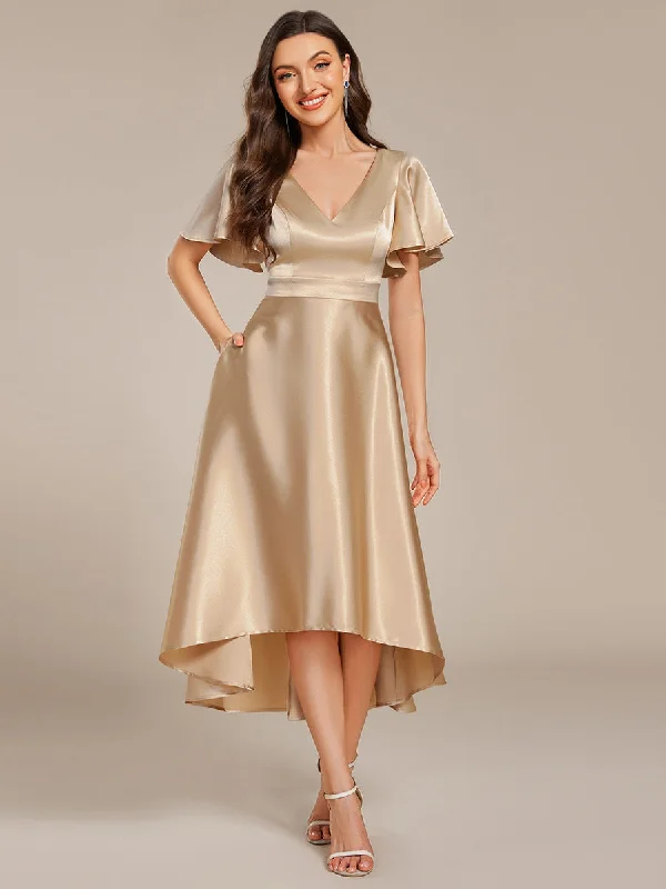 Elegant Ruffles Sleeve Midi Length Satin Wedding Guest Dresses with Asymmetrical Hem