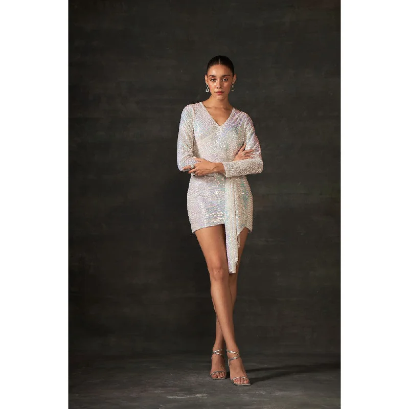 House of Exotique Ivory Sequin Hand Embellished Drape Dress