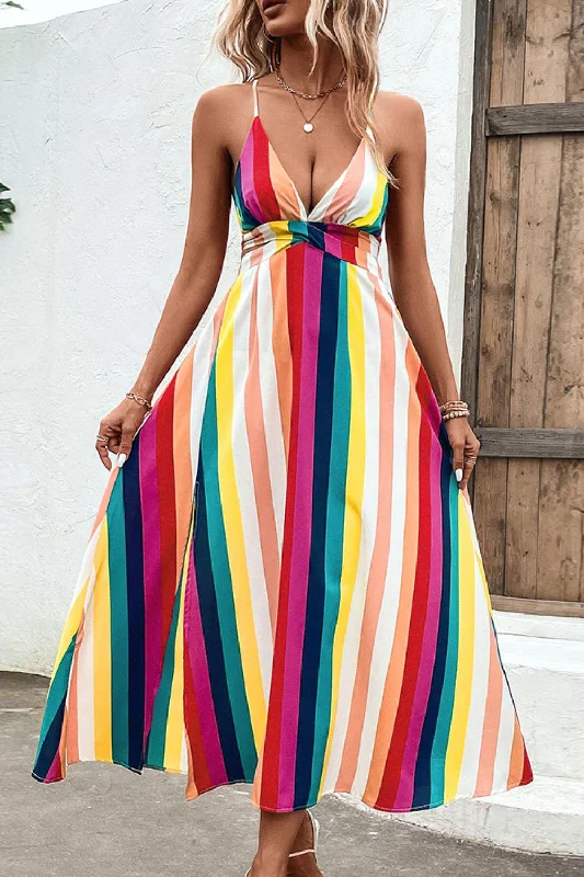 Bohemian Multicolored Stripe Crisscross Backless Dress