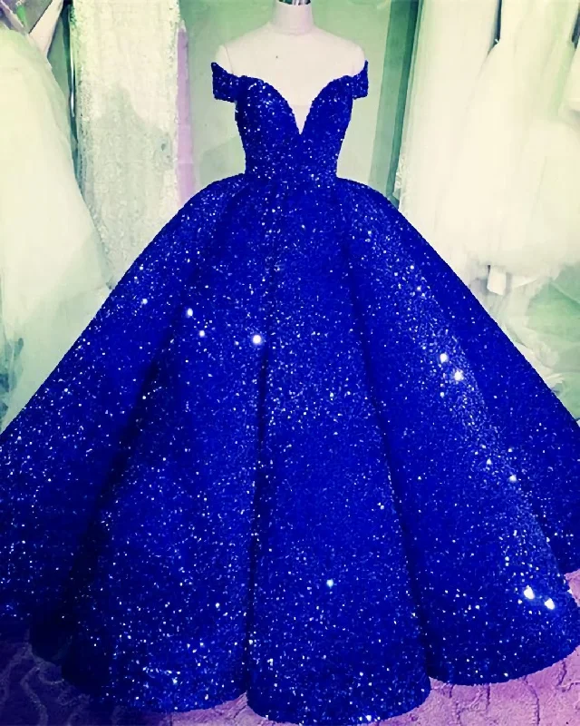 Sequin Ball Gown Dresses, Off The Shoulder Long Prom Dress