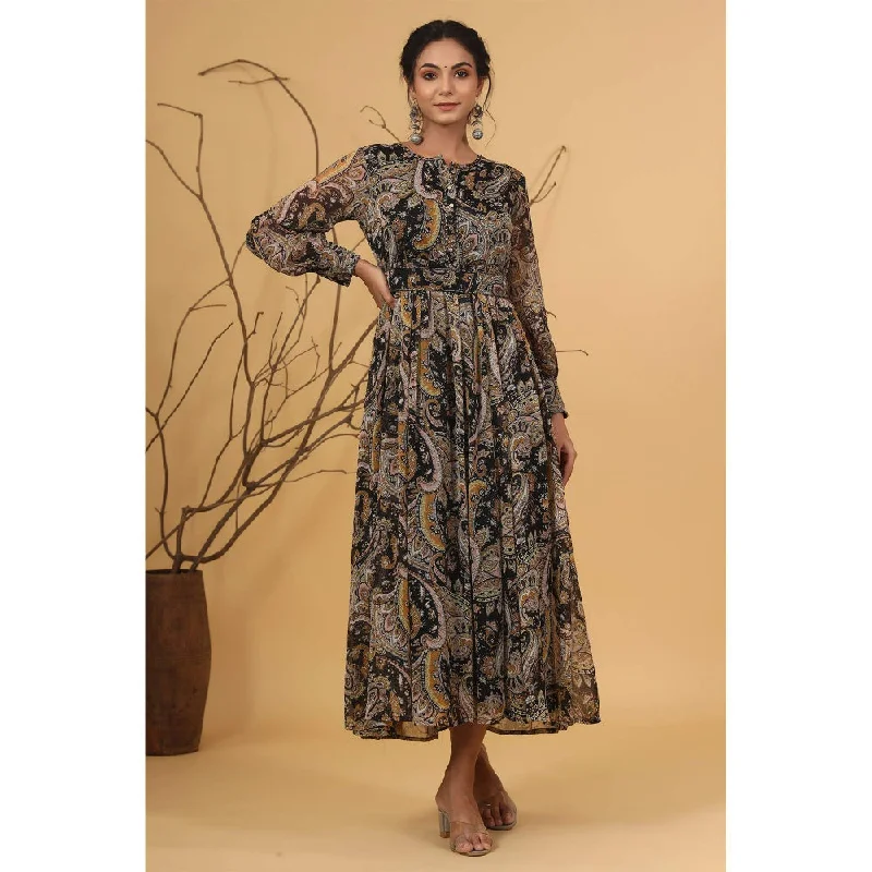 Juniper Black Alphin Chiffon Flared Printed Dress With Tie-Up Belt