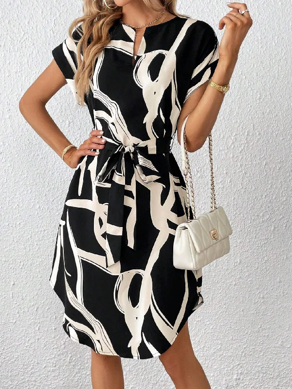 PRIV GRAPHIC PRINT NOTCHED NECK BELTED SHORT SUMMER DRESS