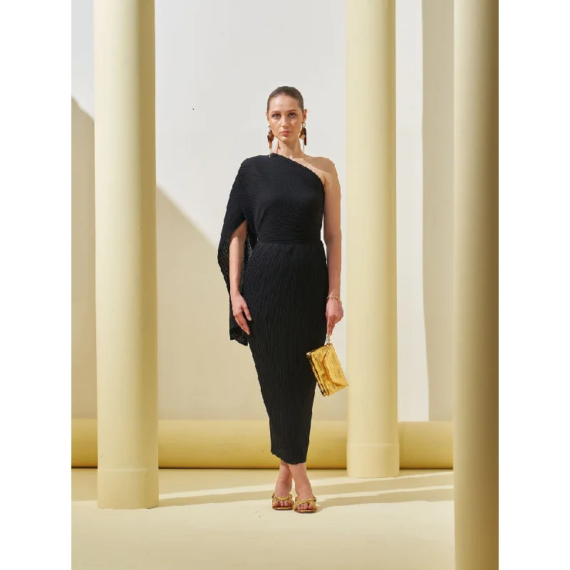 Pleats by Aruni Black One Shoulder Drape Dress with Inner (Set of 2)