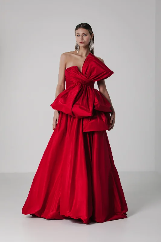 Bow detailed strapless taffeta dress