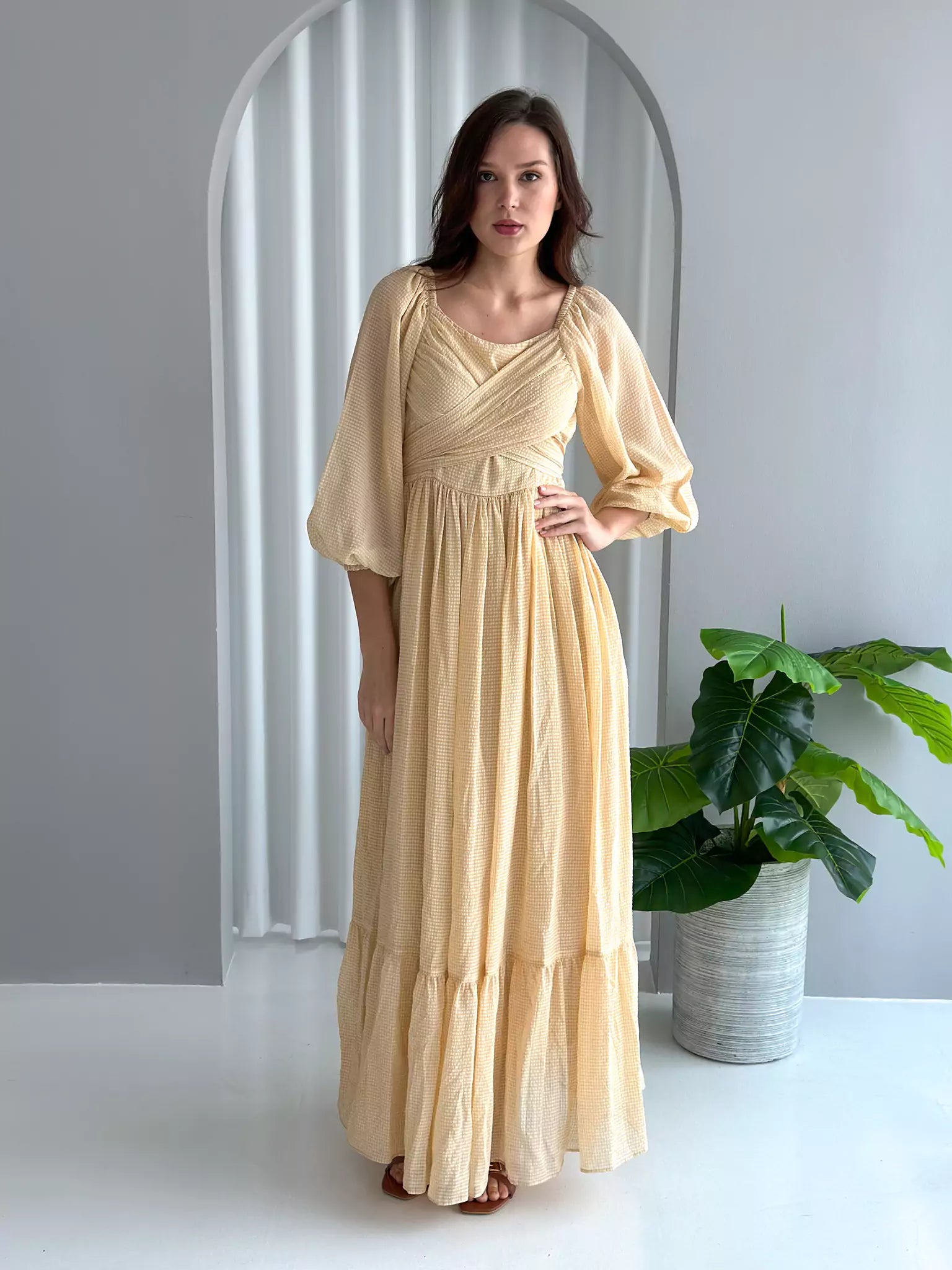 Amelia Wrap Long Dress - Beige Yellow Turtleneck Warm Winter
