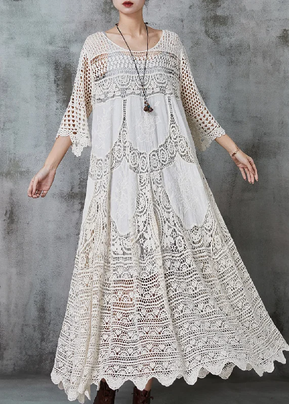 Apricot Hollow Out Cotton Long Dress Oversized Summer Tunics Running lightweight