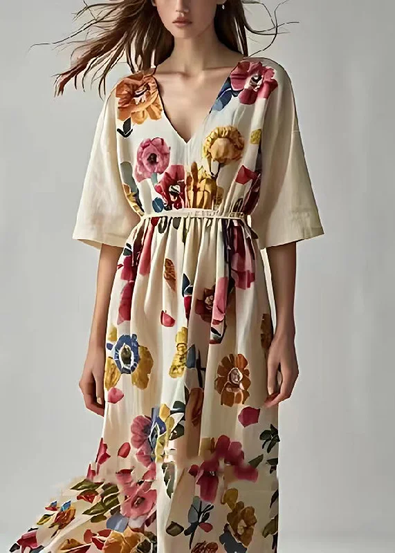Art Beige Print High Waist Cotton Long Dresses Summer Tunics Versatile stylish