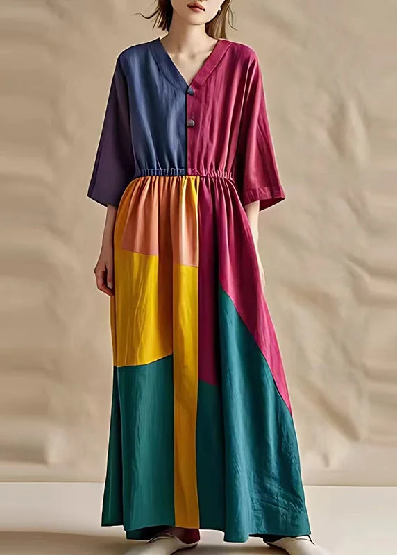 Art Colorblock Elastic Waist Patchwork Cotton Dresses Summer Tunics Spring floral