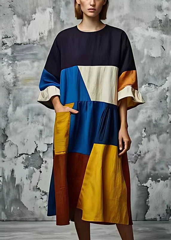 Art Multicolour Asymmetrical Patchwork Cotton Long Dress Summer Tunics Modern contemporary
