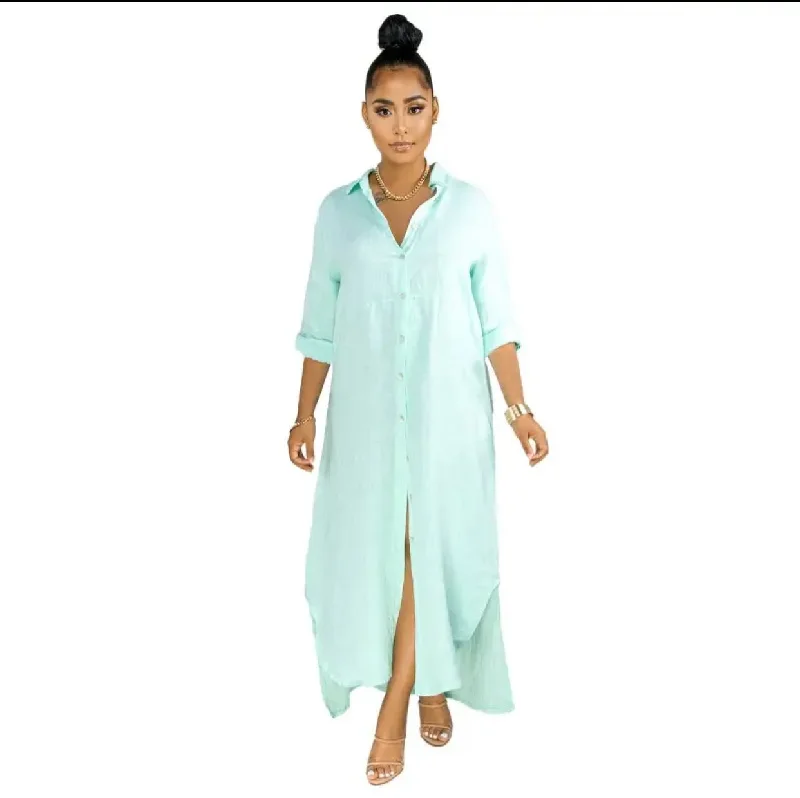 Autumn Fashion Bohemian Three Quarter Sleeve Button Long Dress XL B-98843 Tunics Distressed trendy