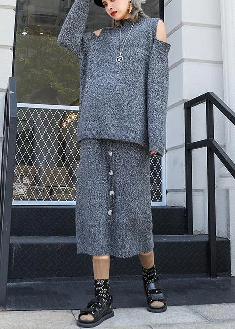 Autumn Knitted Gray Set Women's Two-piece Skirt New Sweater Skirt Set Sweater Knitwear Pullover Autumn Knitted Gray Set Women's Two-piece Skirt New Sweater Skirt Set Sweater Knitwear Pullover