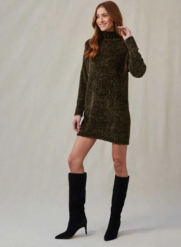 Turtle Neck Chenille Sweater Dress - Italian Herb Oversized Loose Flowy