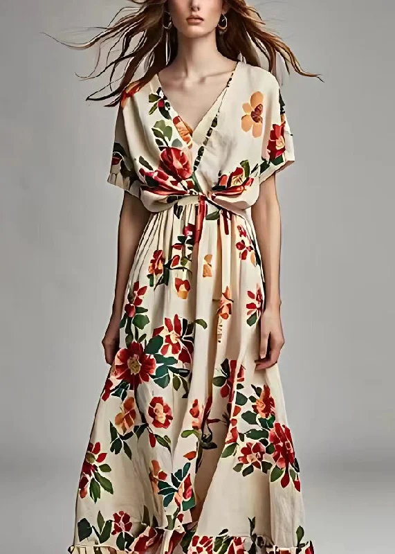 Beautiful Beige V Neck Print Cotton Long Dress Summer Tunics Timeless classic
