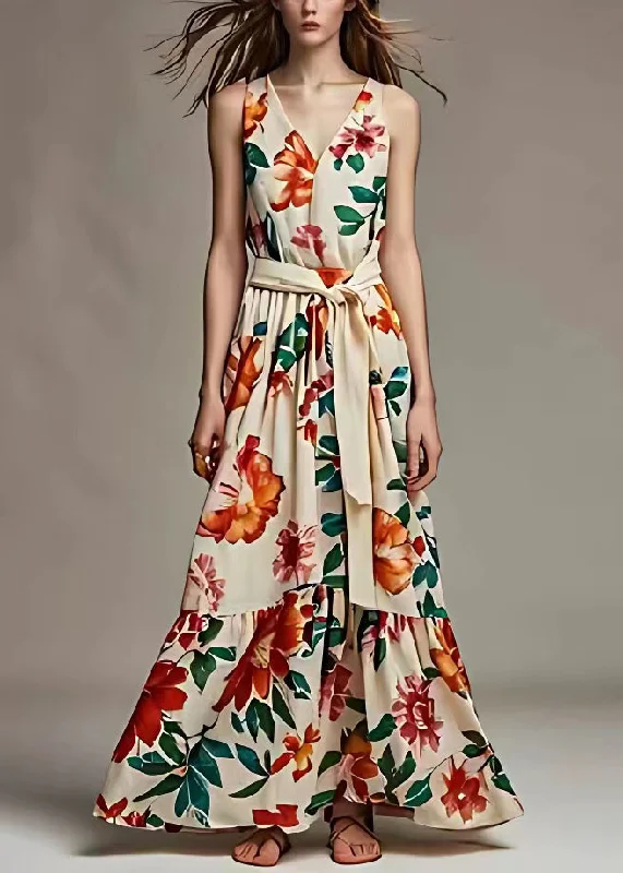 Beautiful Beige V Neck Print Tie Waist Cotton Long Dresses Sleeveless Tunics Essential wardrobe