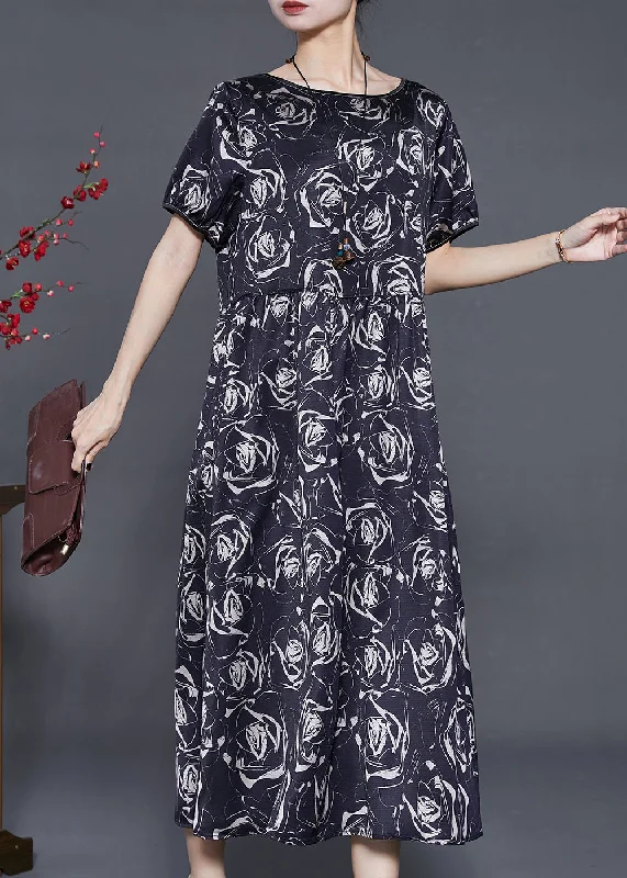 Beautiful Black Floral Silm Fit Silk Long Dresses Summer Tunics Print Colorful