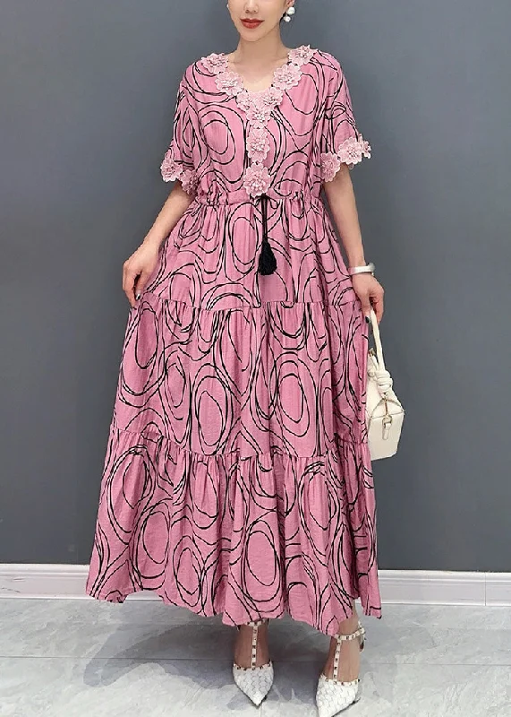 Beautiful Light Purple V Neck Floral Cotton Long Dress Summer Tunics Formal black