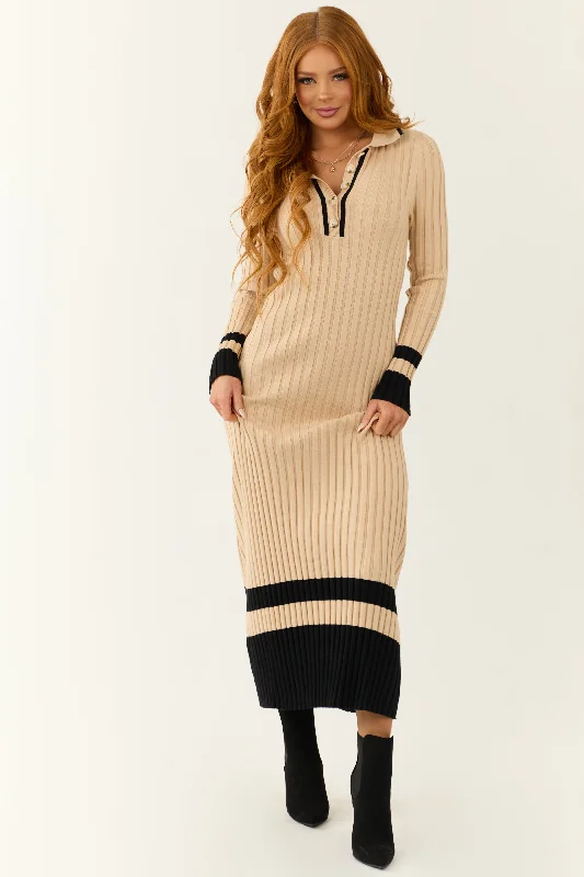 Beige Colorblock Stripe Maxi Sweater Dress Wool Sweater Cotton Sweater Cashmere Sweater
