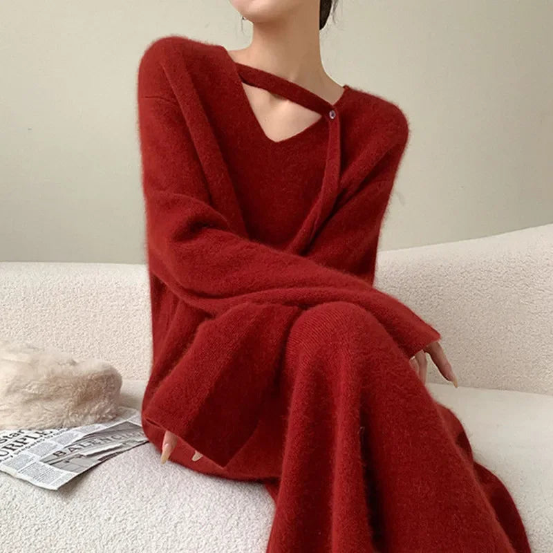 French Slimming Soft V-neck Sweater Maxi Bodycon Midi Dresses Tailored Straight A-Line
