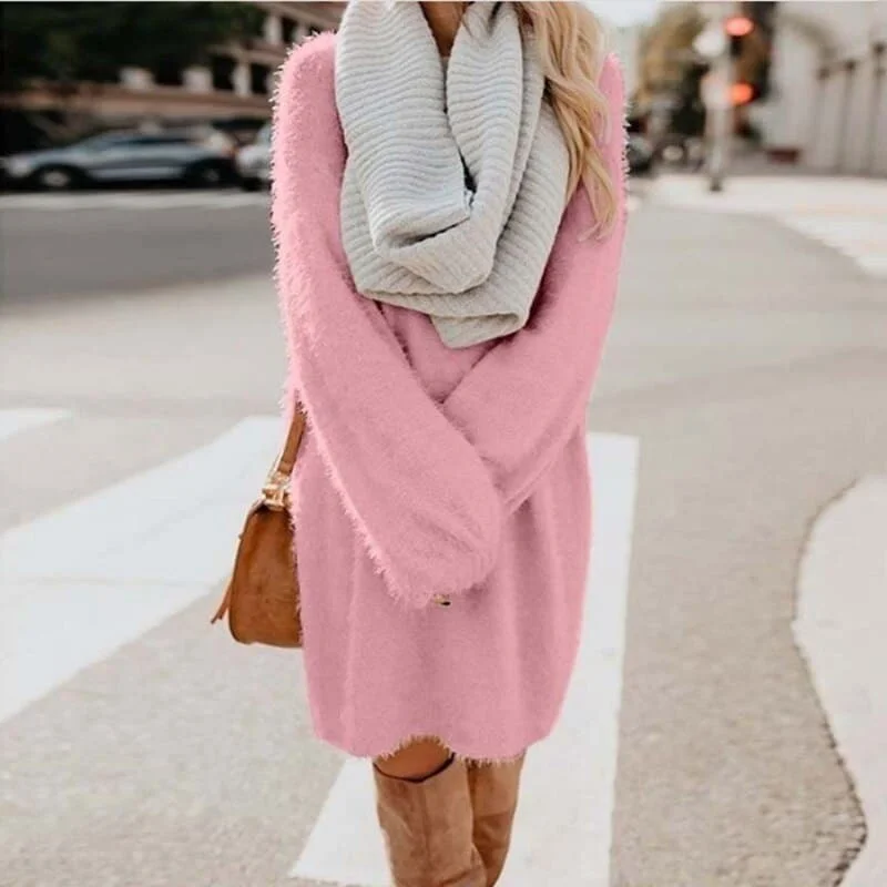 Long Sleeve Casual Fluffy Sweater Dress Zippered Front Buttoned Front Snap Front