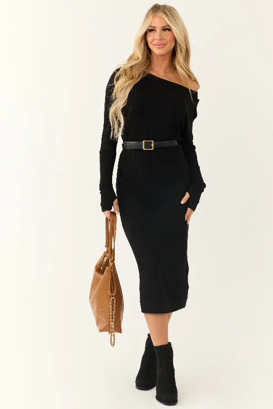 Black Boat Neck Long Sleeve Midi Sweater Dress Print Jacquard Patchwork