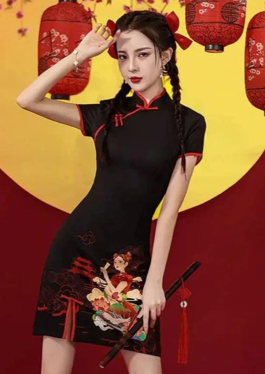 Black Midnight Sky Anime Girl Print Cheongsam Dress Tunics Party sparkling