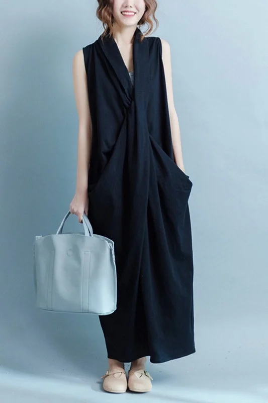 Black Sleeveless Cross Plus Size Oversize Long Dresses Tunics Trousers formal