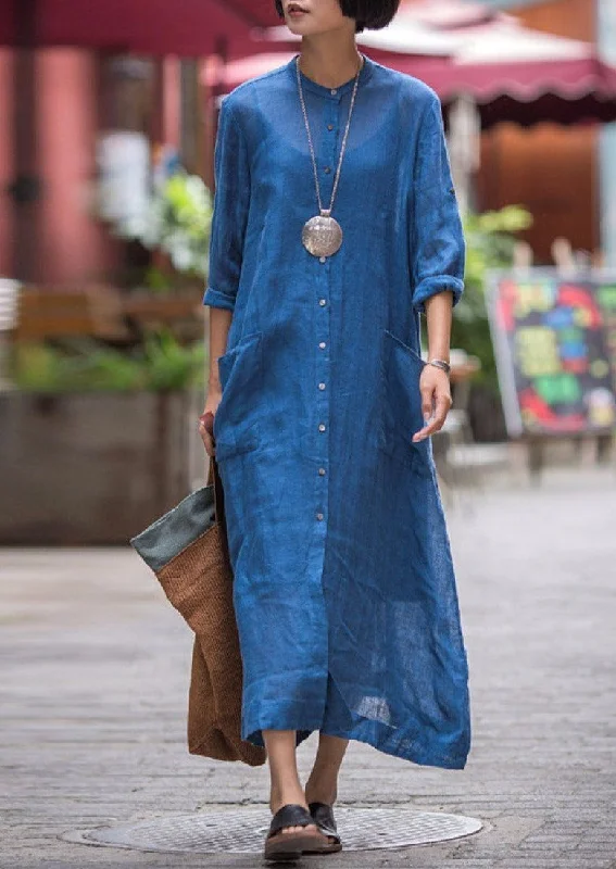Blue Long Dress Casual Linen Cotton Shirt Dress Tunics Fleece cozy
