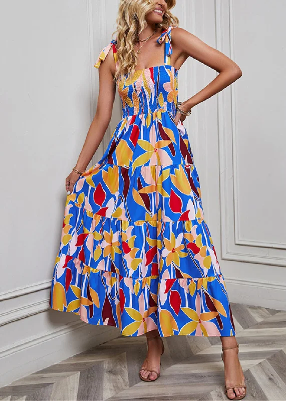 Bohemian Blue Print High Waist Cotton Dresses Summer Crew Neckline Casual