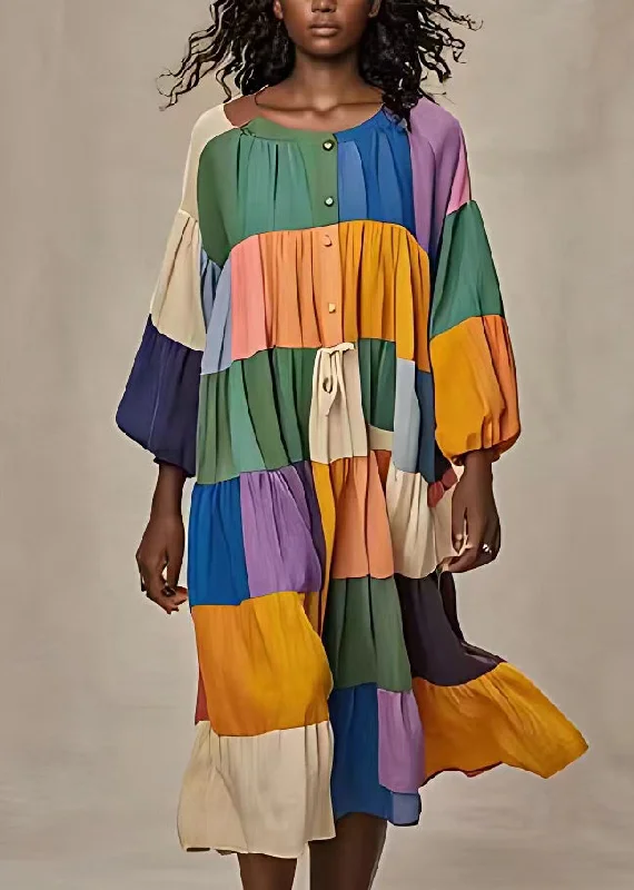 Bohemian Button Lace Up Patchwork Cotton Long Dresses Long Sleeve Tunics New arrival
