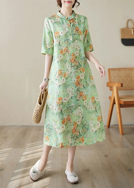 Bohemian Green Peter Pan Collar Print Cotton Long Dresses Summer Tunics Chic fashionable