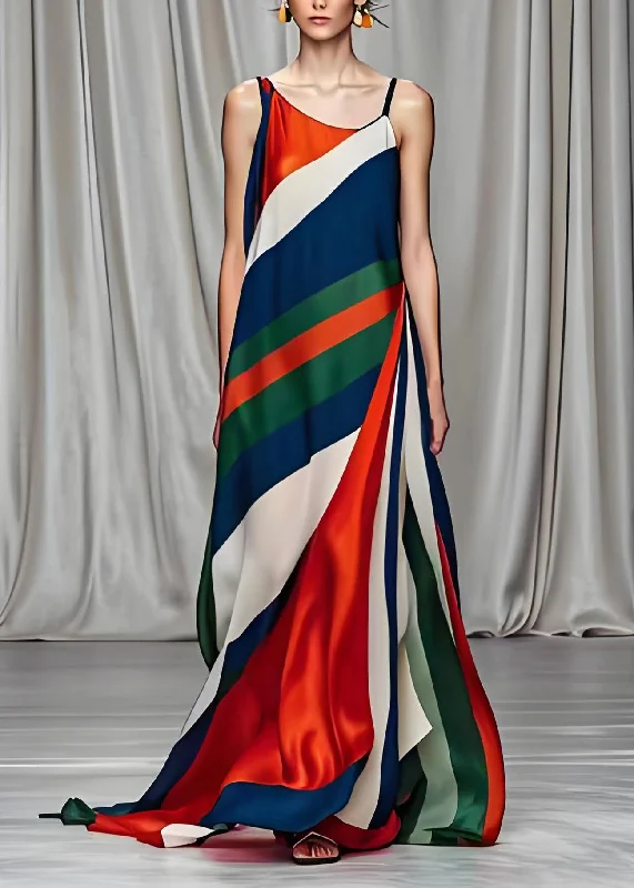 Boho Colorblock Cold Shoulder Draping Silk Long Dresses Sleeveless Tunics Versatile all-occasion