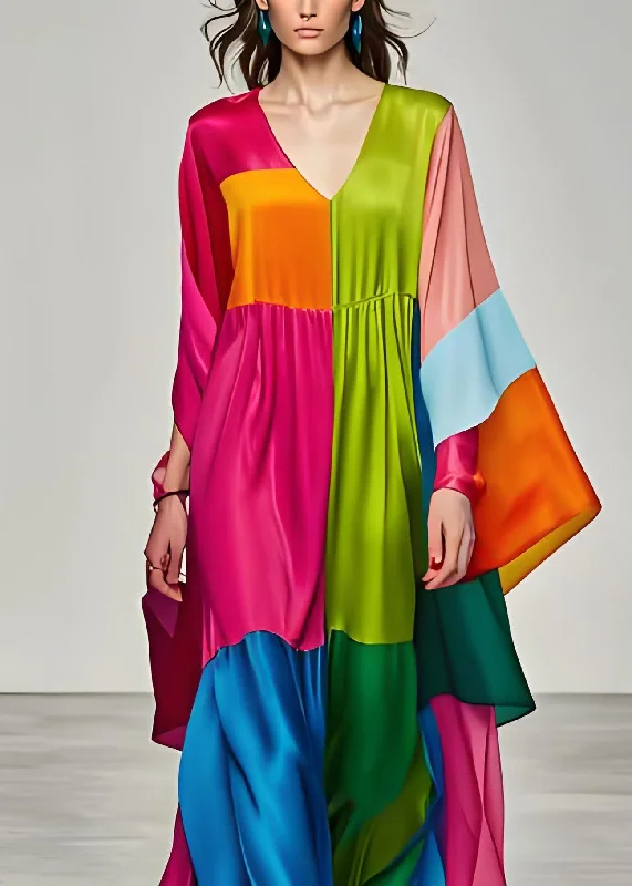 Boho Colorblock V Neck Patchwork Silk Long Dress Summer Tunics Sophisticated sleek