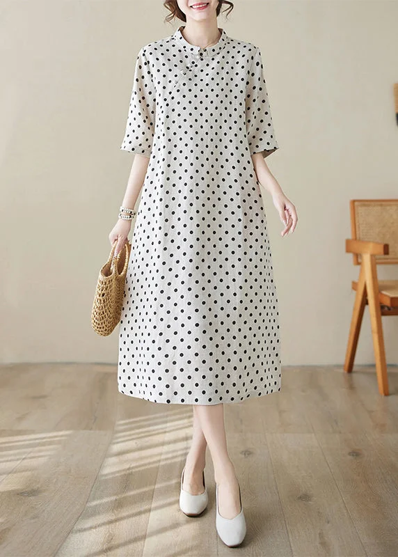 Boutique Stand Collar Dot Print Cotton Long Dress Summer Tunics Luxurious premium