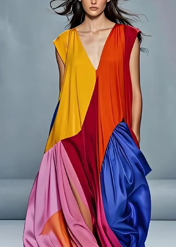 Boutique V Neck Wrinkled Patchwork Silk Long Dress Sleeveless Tunics Sophisticated sleek