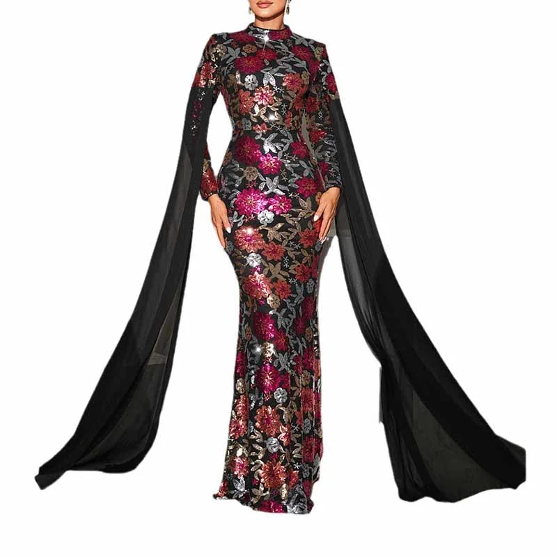 Cape Sleeve Covered Prom Dress Sequined Wedding Bridal Dress Event Party Gowns Tunics Print Colorful