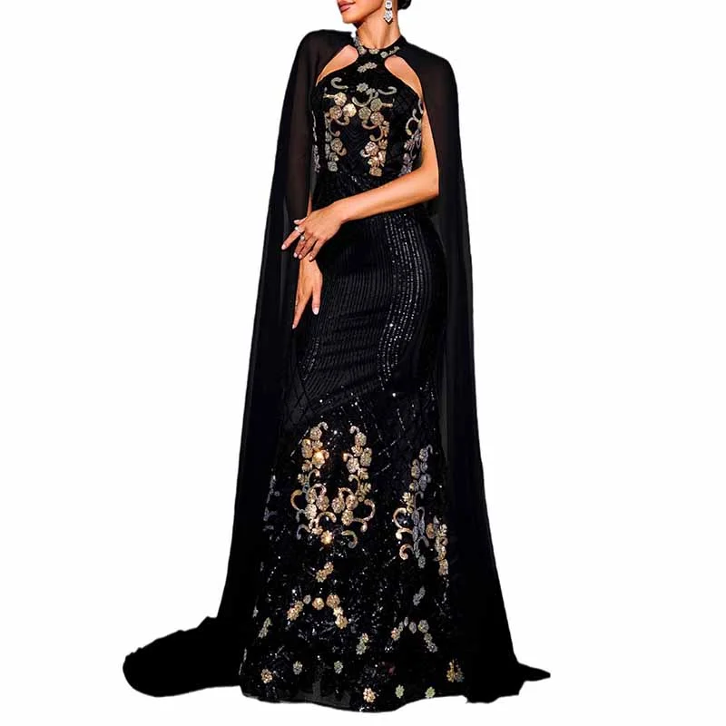 Cape Sleeve Mermaid Sequin Prom Dress Black Formal Ball Gowns Square Neckline Feminine
