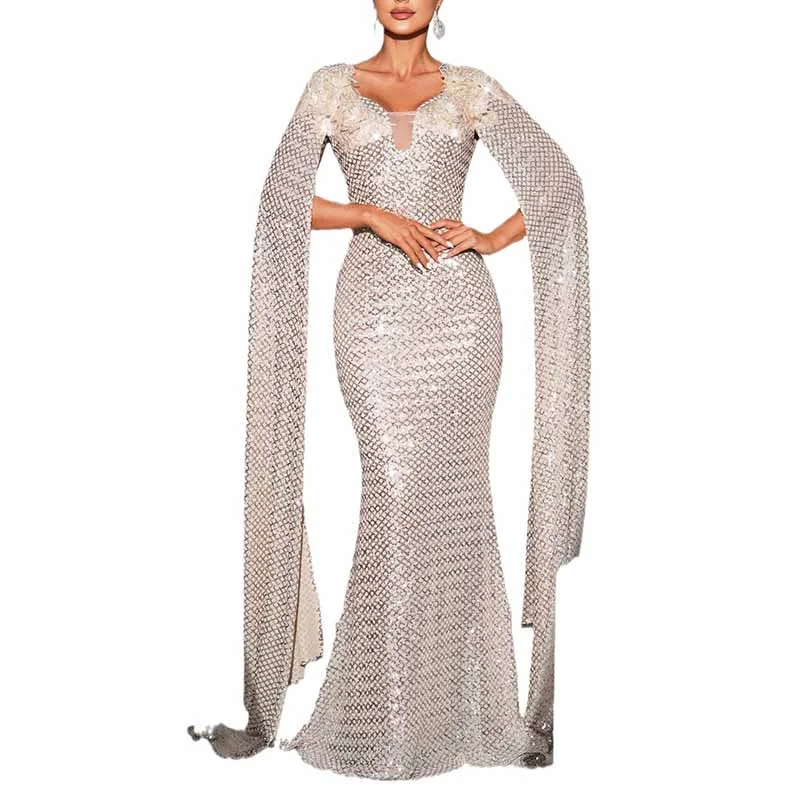 Cape Sleeves Champagne Prom Dress Sequin Wedding Cocktail Dress Tunics Floral girly