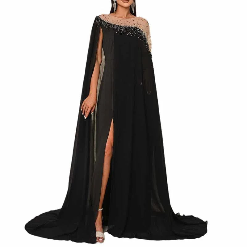 Cape Sleeves Gown Black Long Prom Dress Tunics stripes playful
