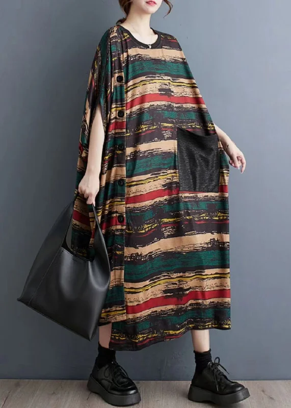 Casual Asymmetrical Striped Pockets Long Dress Summer Off-the-shoulder Chic Trendy
